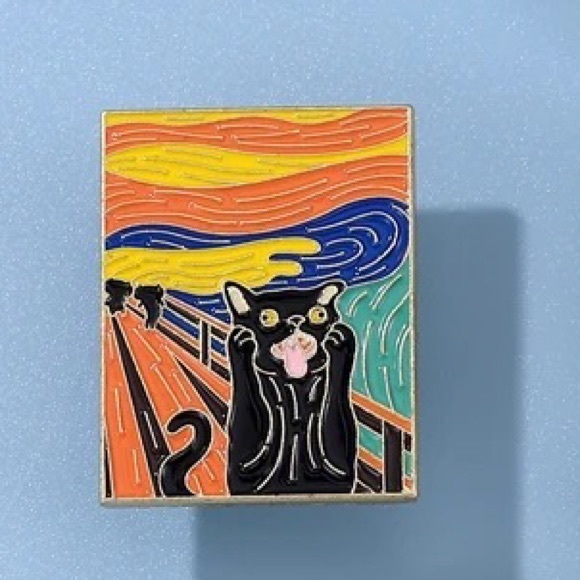 Black Cat Screaming Enamel Pin The Scream Painting Parody Artistic Cats Mom Gift - Picture 2 of 9